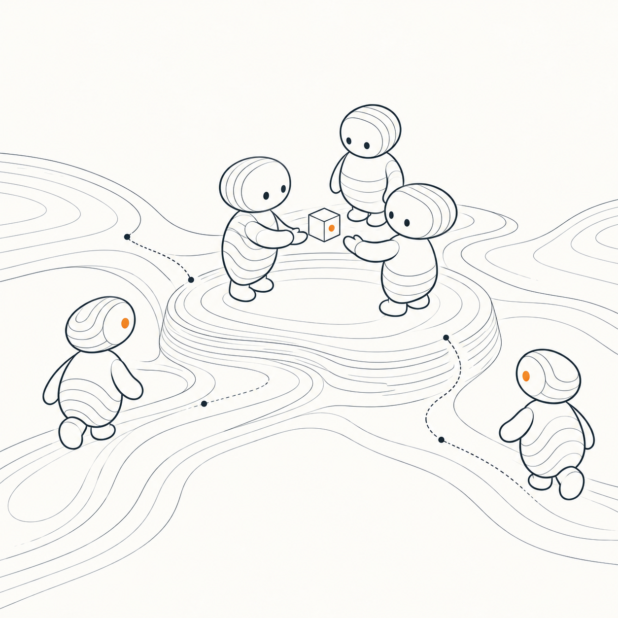 Five friendly abstract robots cooperating in a shared contour landscape, with small orange accents.
